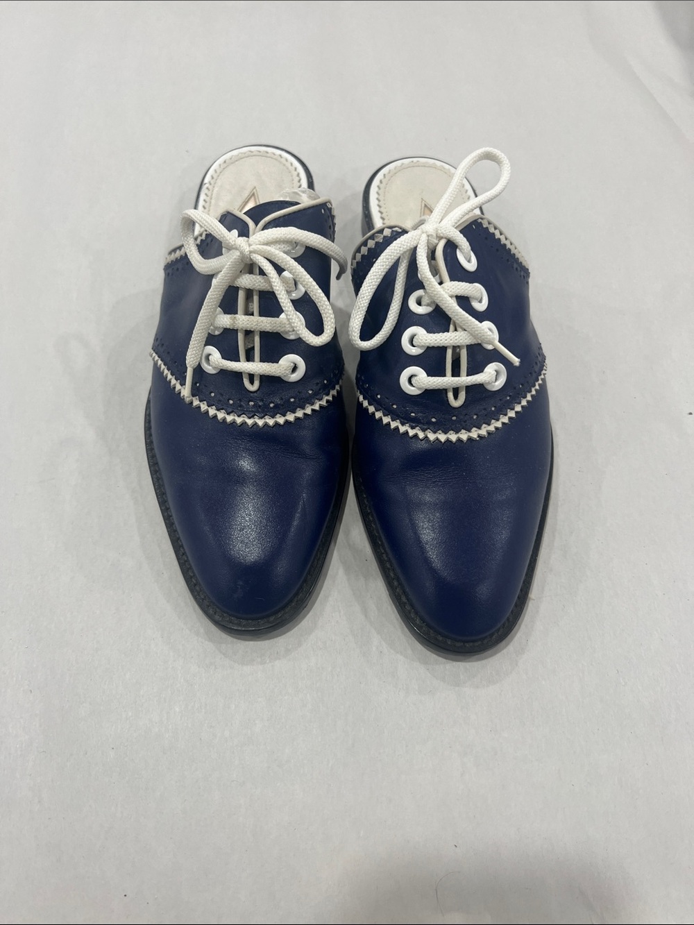 Navy Blue Leather Lace-Front Mules with White Trim